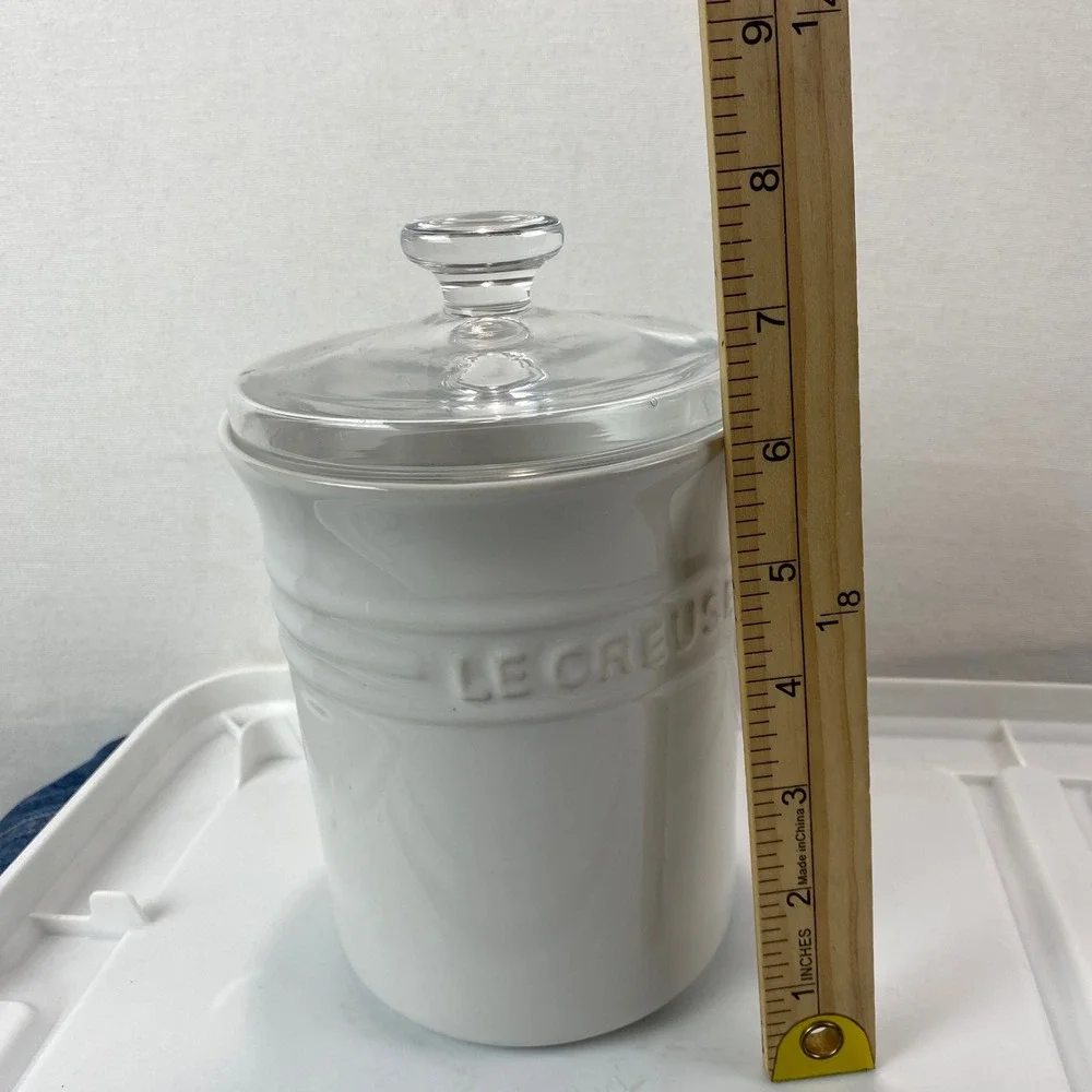 Le Creuset White Stoneware Canister Clear Glass Lid Tool Crock 7in